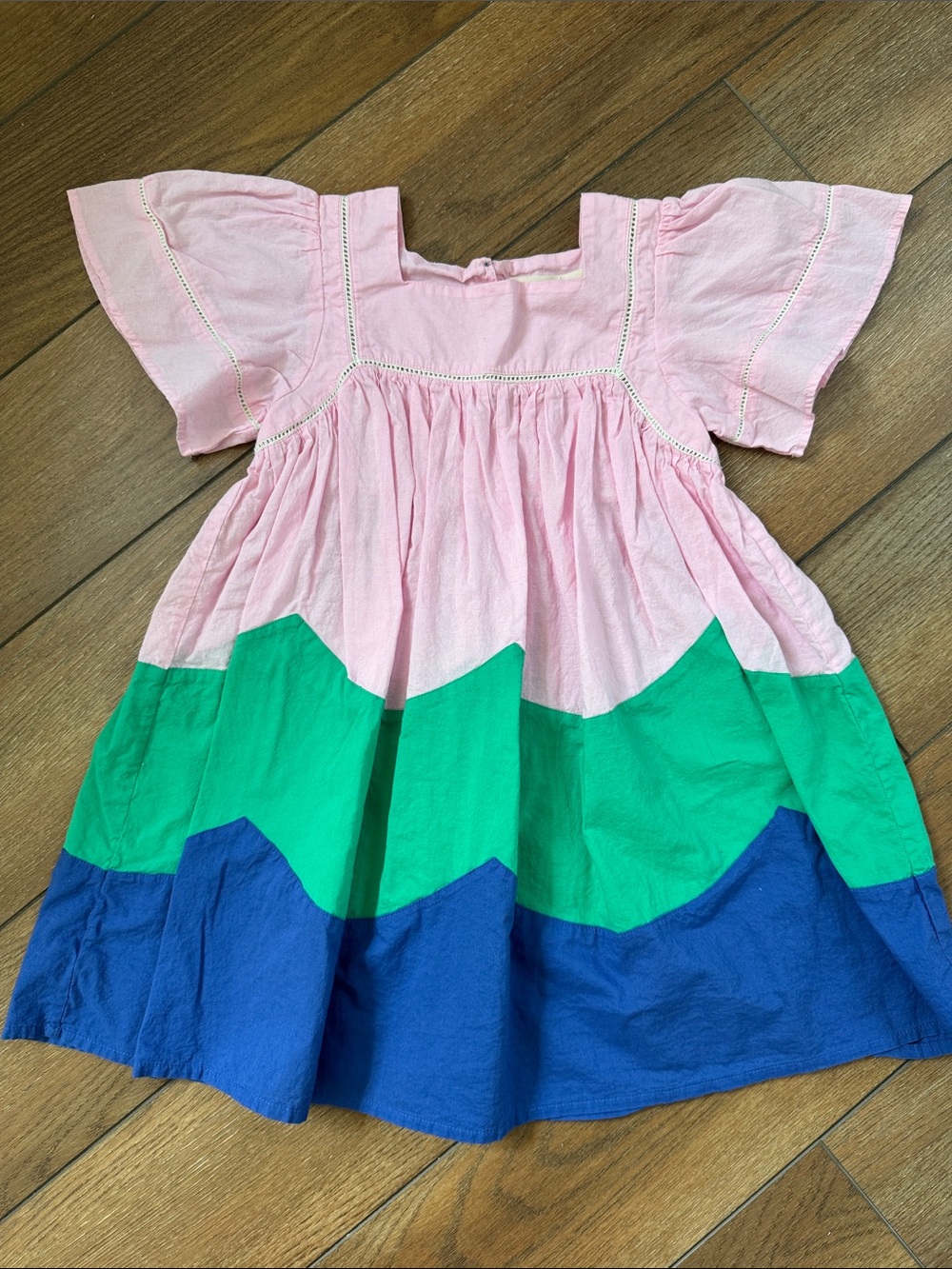 Girls Mini Boden Pink Colorblock Cotton Dress with Green and Blue Panels